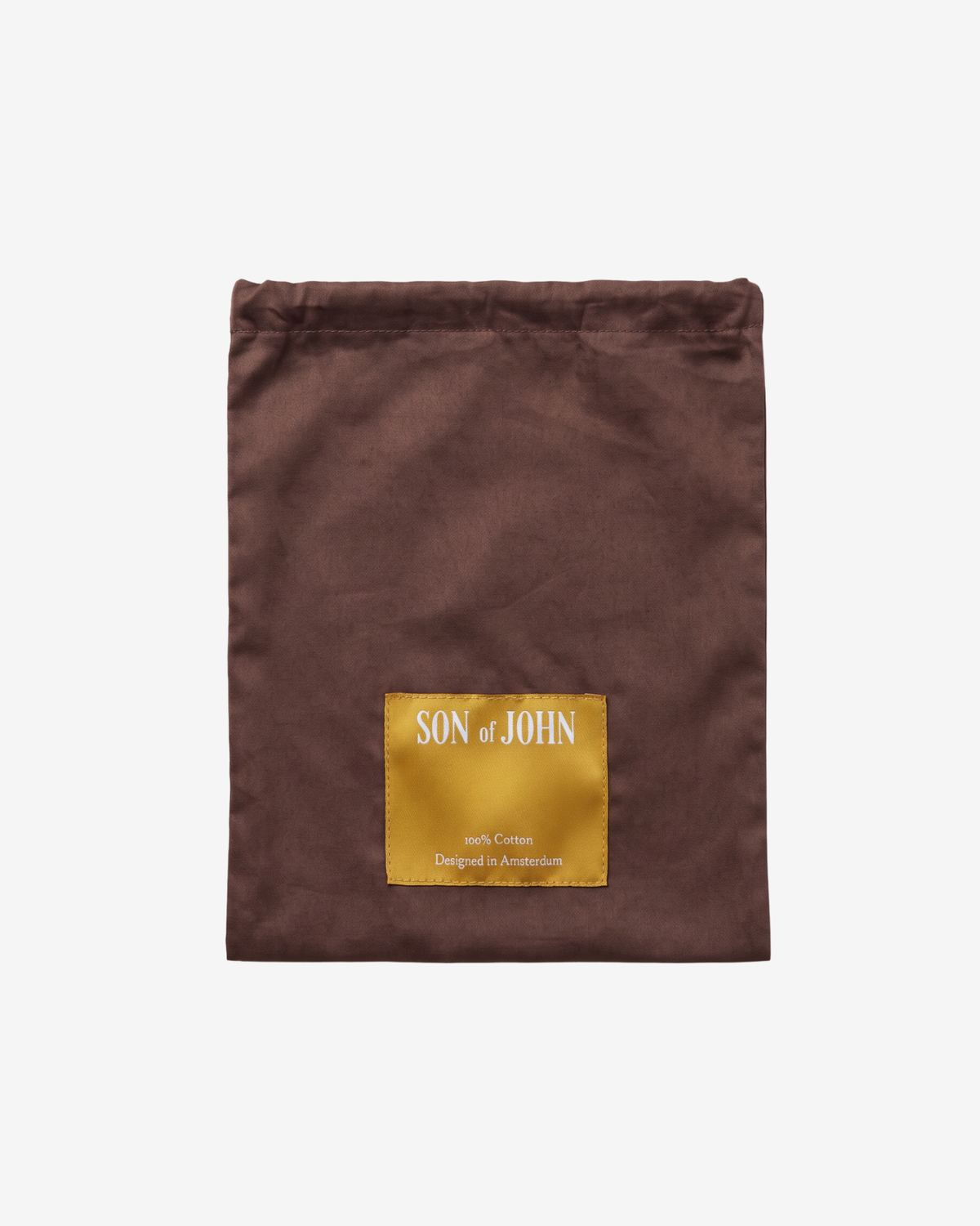 Espresso Brown boxer shorts folded in a brown pouch with the gold Son of John label