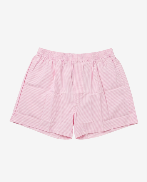 Son of John Rose Pinstripe boxer shorts with a fine pink and white pinstripe, flat lay