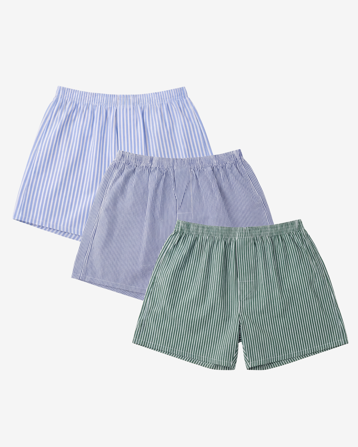 Son of John 3-pack Bengal & Stripe: Oxford Stripe, Royal Pinstripe and Forest Bengal boxer shorts, flat lay