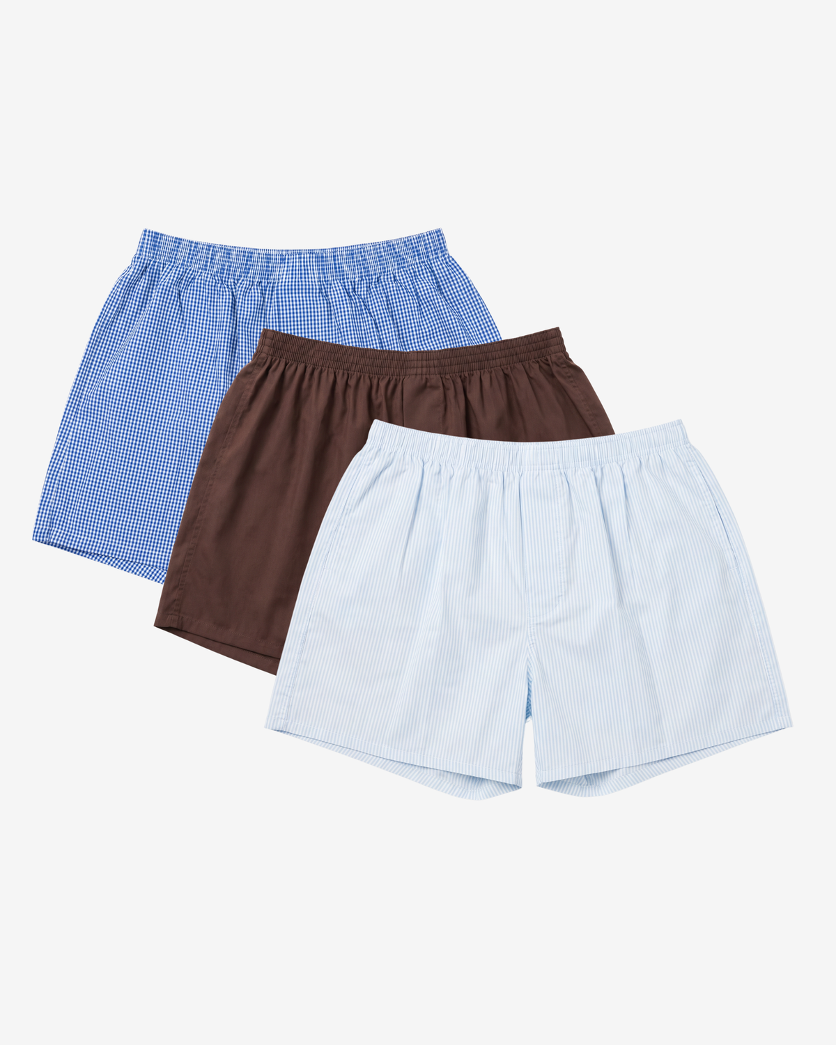 Son of John 3-pack New Chapter: Marine Gingham, Espresso Brown and Light Blue Pinstripe boxer shorts, flat lay