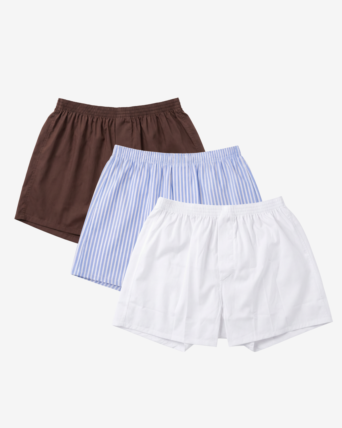 Son of John 3-pack Warm Classics: Espresso Brown, Oxford Stripe and Alpine White boxer shorts, flat lay