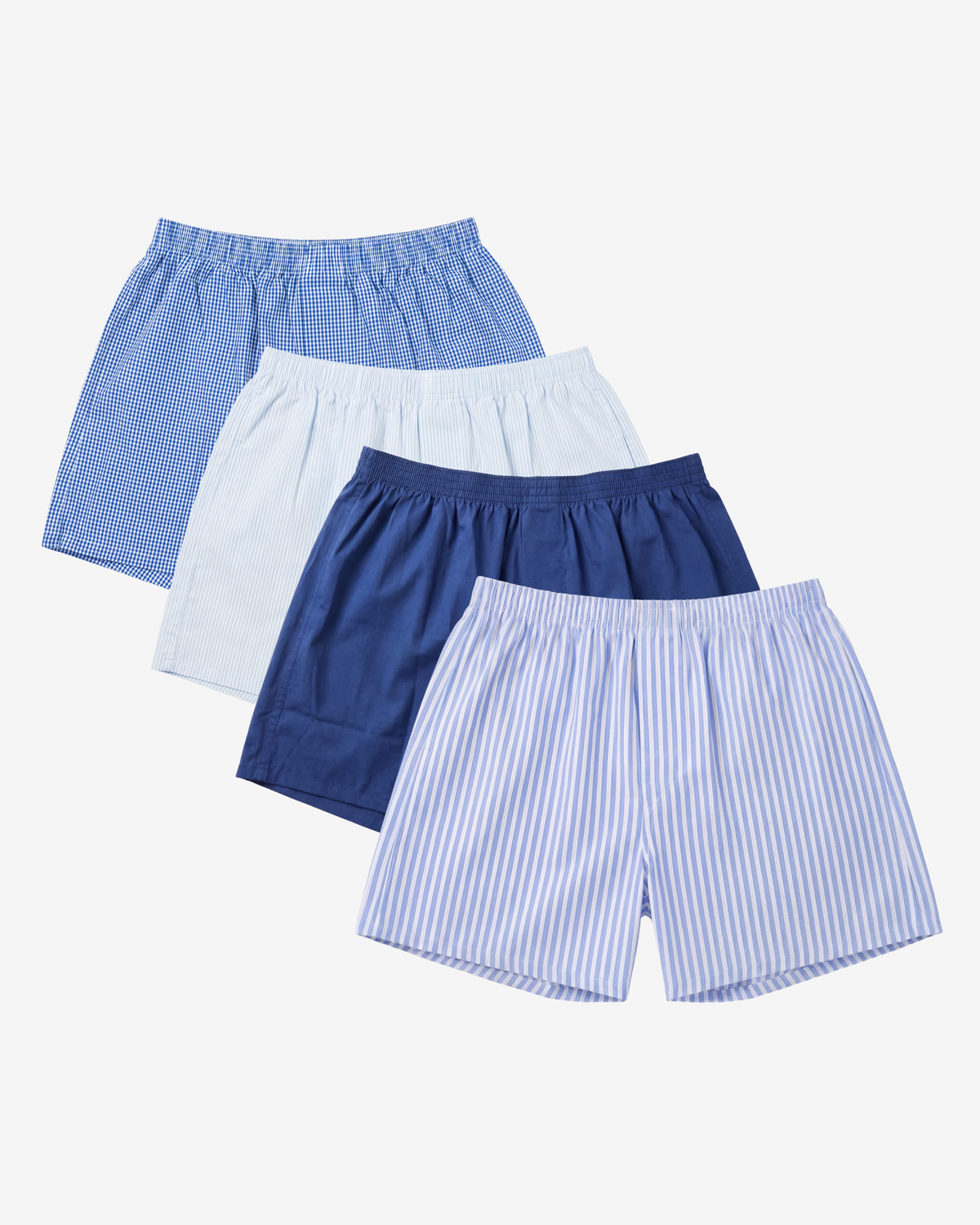 Son of John 4-pack Deep Harbour: Marine Gingham, Light Blue Pinstripe, Midnight Navy and Oxford Stripe boxer shorts, flat lay