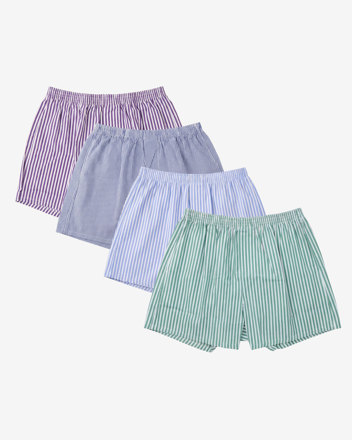 Son of John 4-pack Stripe Society: Indigo Stripe, Royal Pinstripe, Oxford Stripe and Evergreen Stripe boxer shorts, flat lay