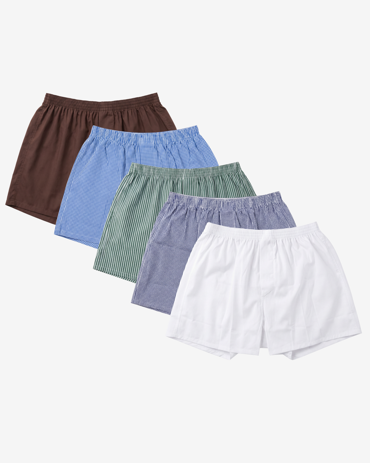 Son of John 5-pack Earth & Sea: Espresso Brown, Marine Gingham, Forest Bengal, Navy Gingham and Alpine White boxer shorts, flat lay