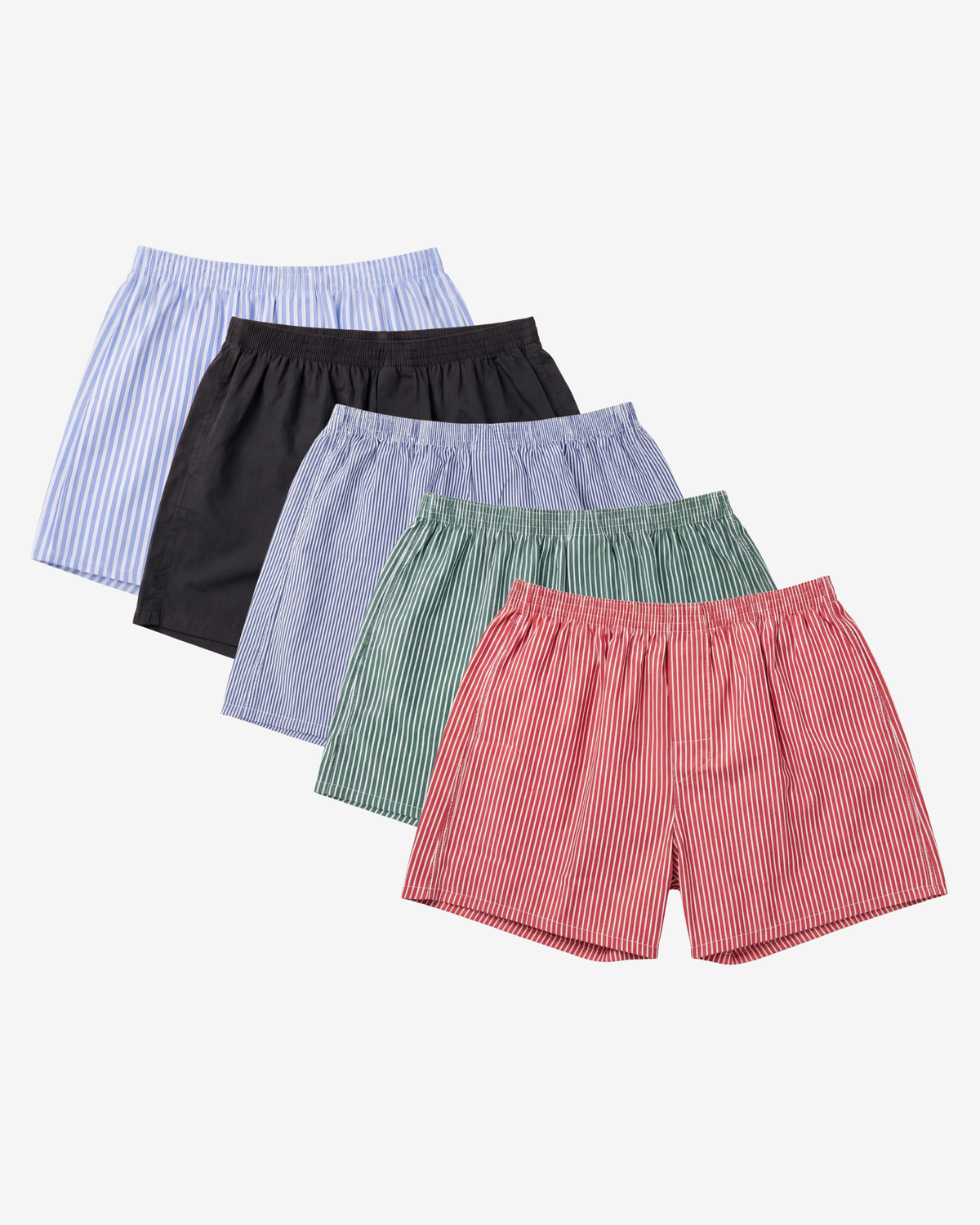 Son of John 5-pack The Best Of: Oxford Stripe, Jet Black, Royal Pinstripe, Forest Bengal and Red Bengal boxer shorts, flat lay