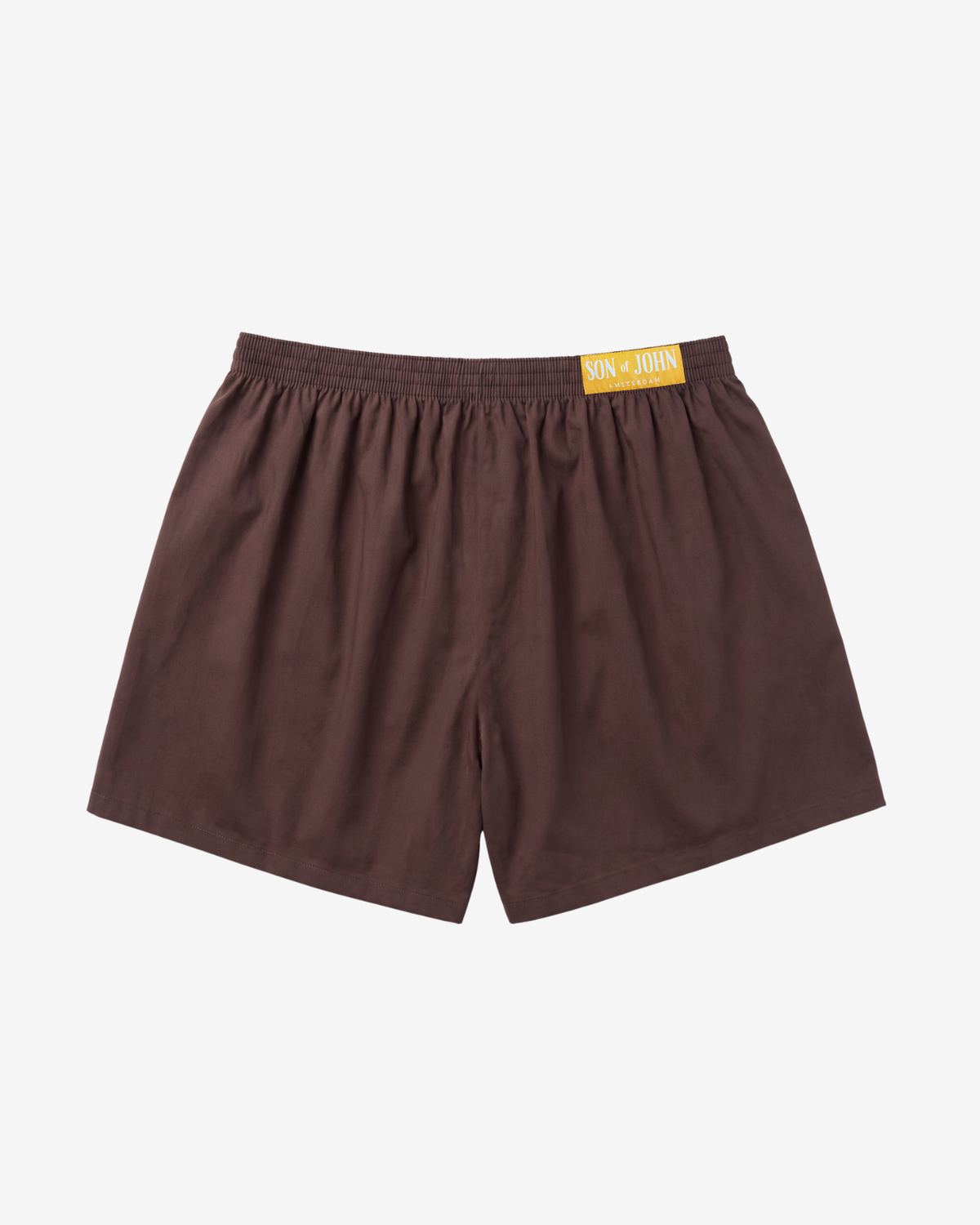 Back of the Son of John Espresso Brown boxer shorts with the gold label, flat lay