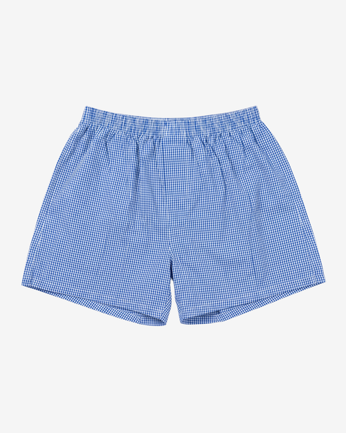 Son of John Marine Gingham boxer shorts in blue and white gingham check, flat lay