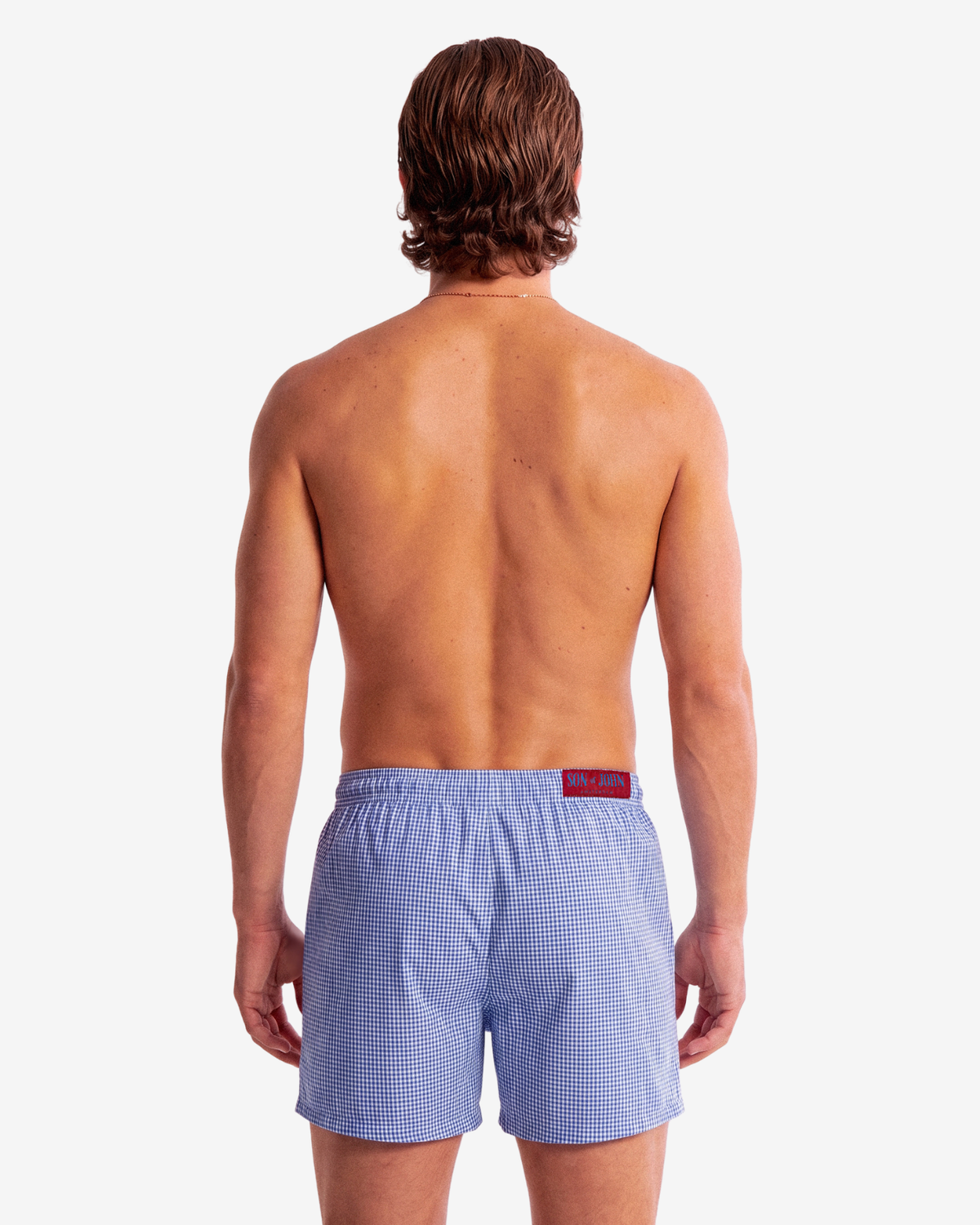 Model wearing Son of John Marine Gingham boxer shorts, back view