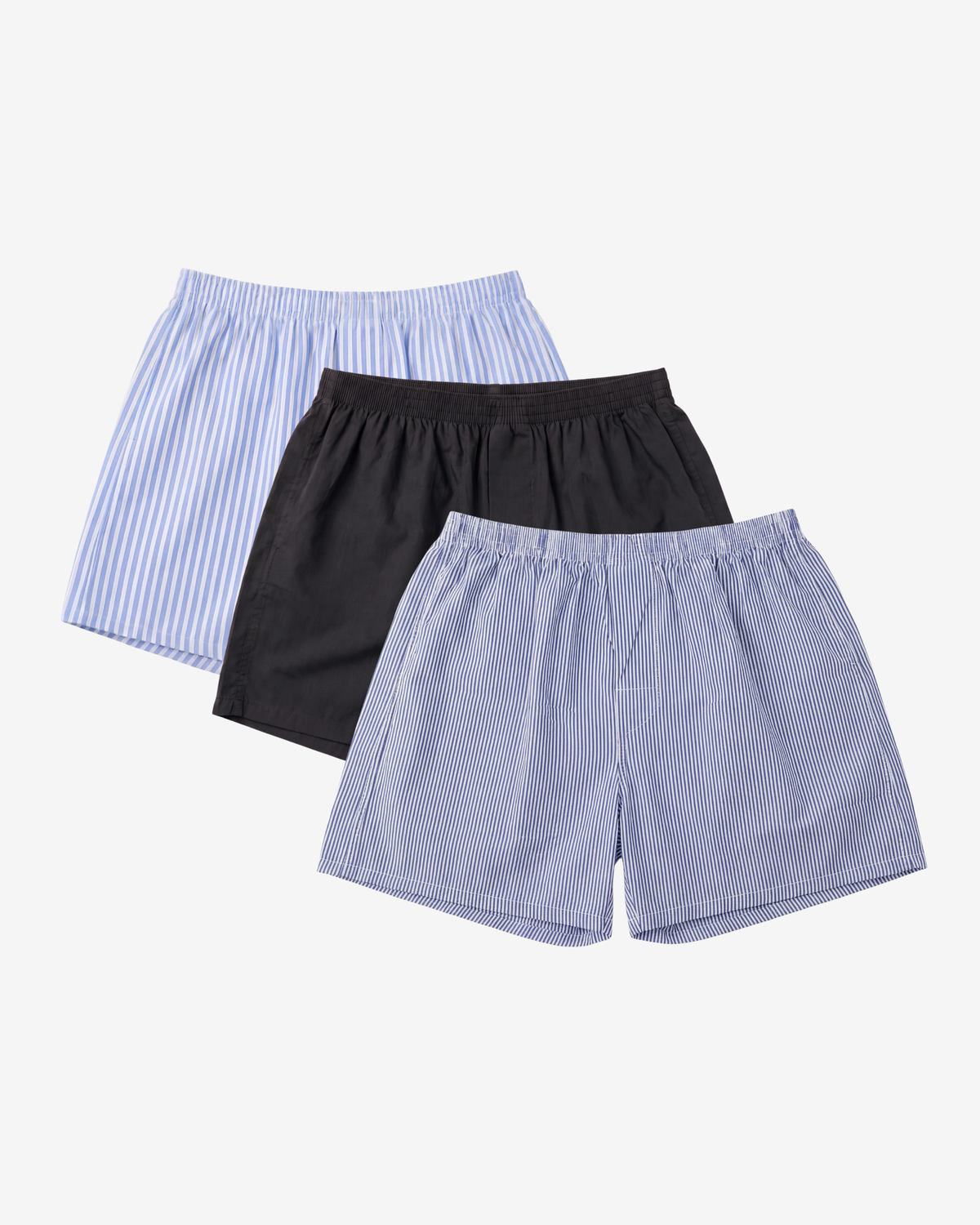 Son of John 3-pack The Bestsellers: Oxford Stripe, Jet Black and Royal Pinstripe boxer shorts, flat lay