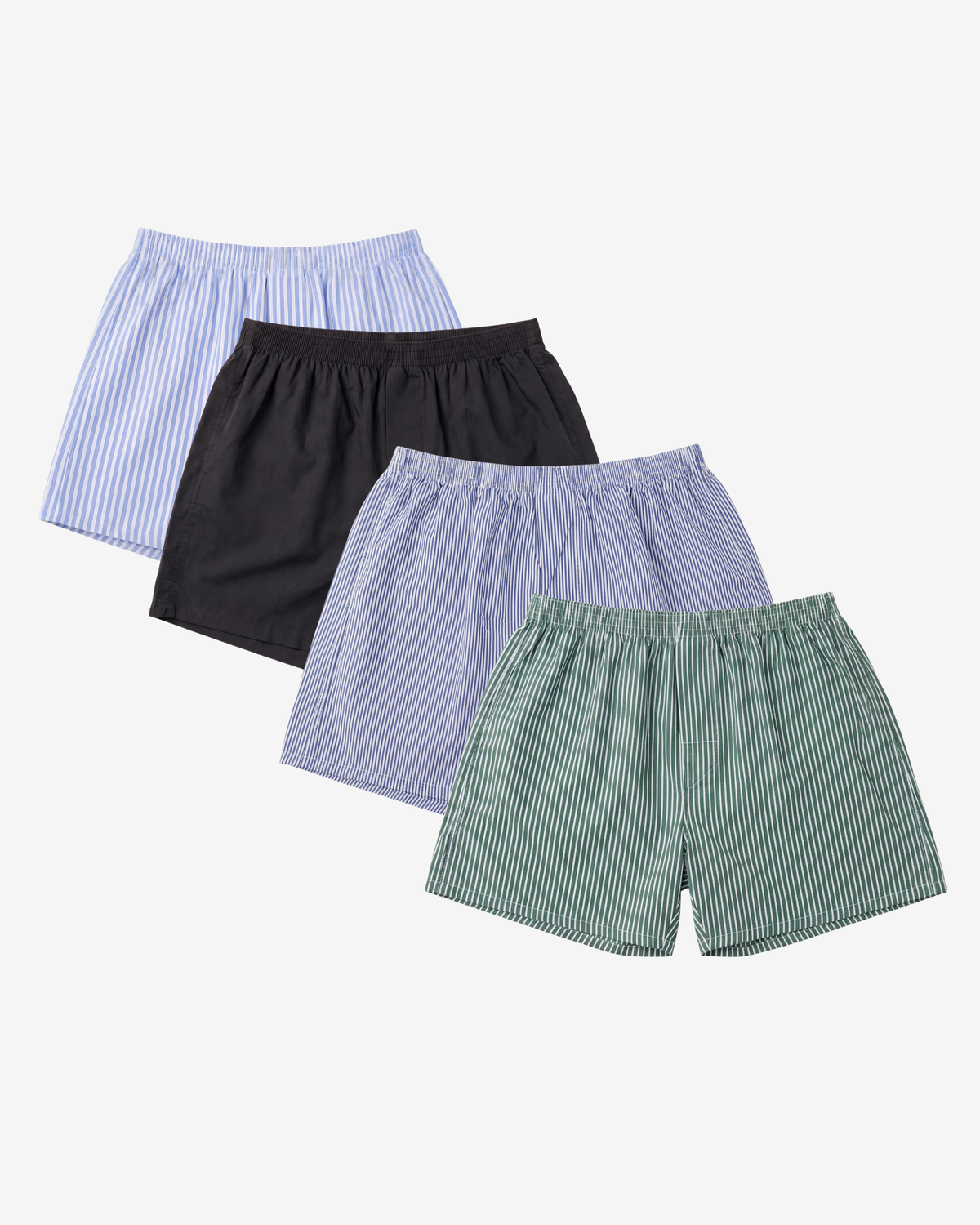 Son of John 4-pack The Favourites: Oxford Stripe, Jet Black, Royal Pinstripe and Forest Bengal boxer shorts, flat lay