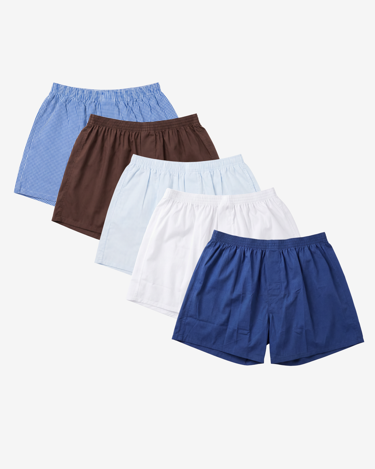 Son of John 5-pack New Era: Marine Gingham, Espresso Brown, Light Blue Pinstripe, Alpine White and Midnight Navy boxer shorts, flat lay
