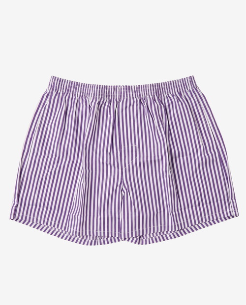 Son of John Indigo Stripe boxer shorts in purple and white stripe, flat lay