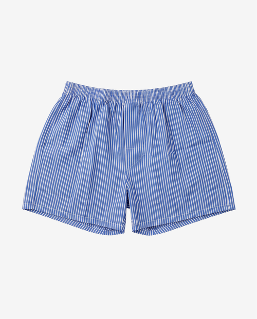 Son of John Blue Bengal boxer shorts in blue and white bengal stripe, flat lay